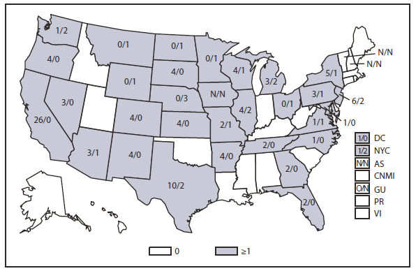 Q FEVER - This figure is a map of the United States and U.S. territories that presents the number of acute and chronic Q fever cases in each state and territory in 2010. 